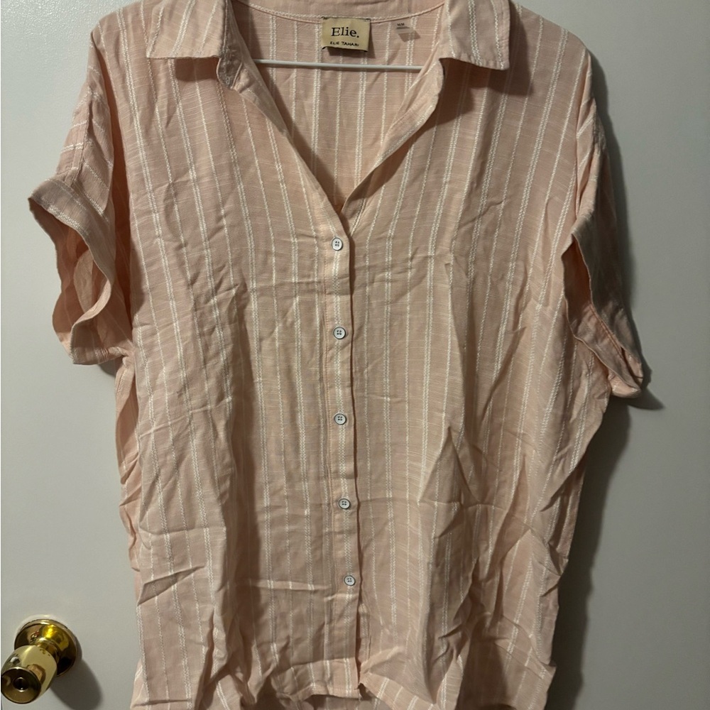 Elie Tahari Pale Pink Striped Button-Down Shirt Cottagecore Farmhouse Girly